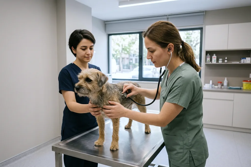 Aşı öncesi genel kontrolde muayene masasında sakince bekleyen köpek