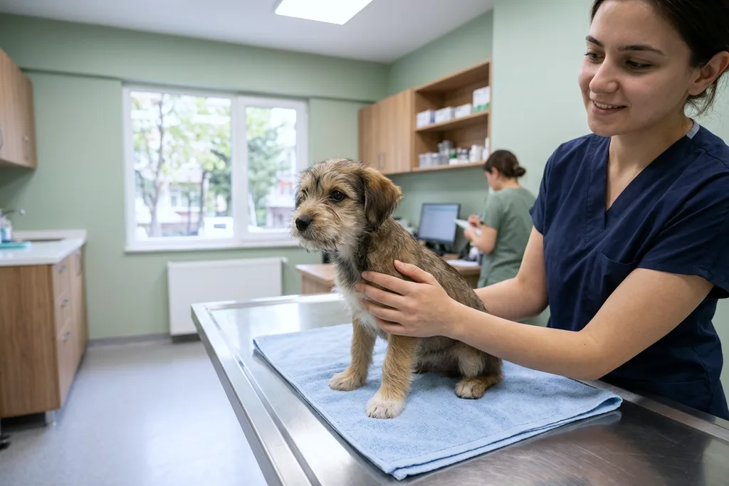 Rutin kontrol için muayene masasında tutulan meraklı yavru köpek