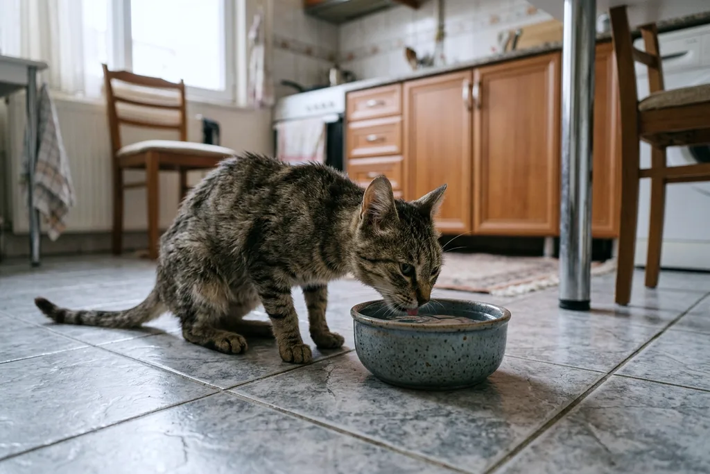 Mutfakta su kabından su içen yaşlı kedi