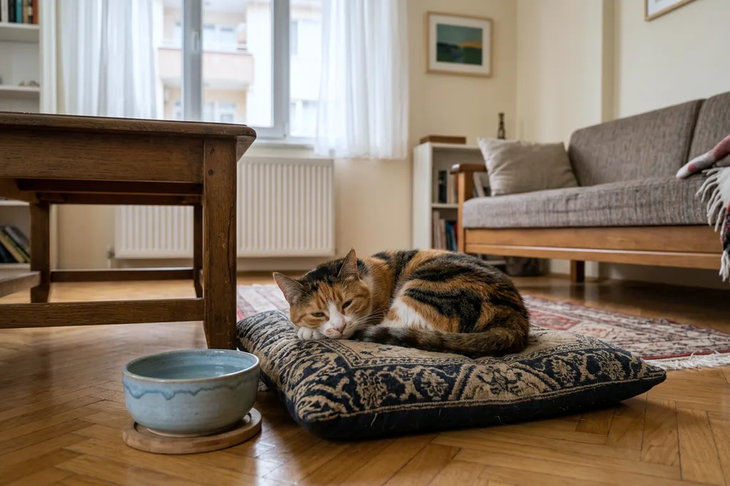 Evde minderinde halsiz dinlenen kedi ve yanında su kabı