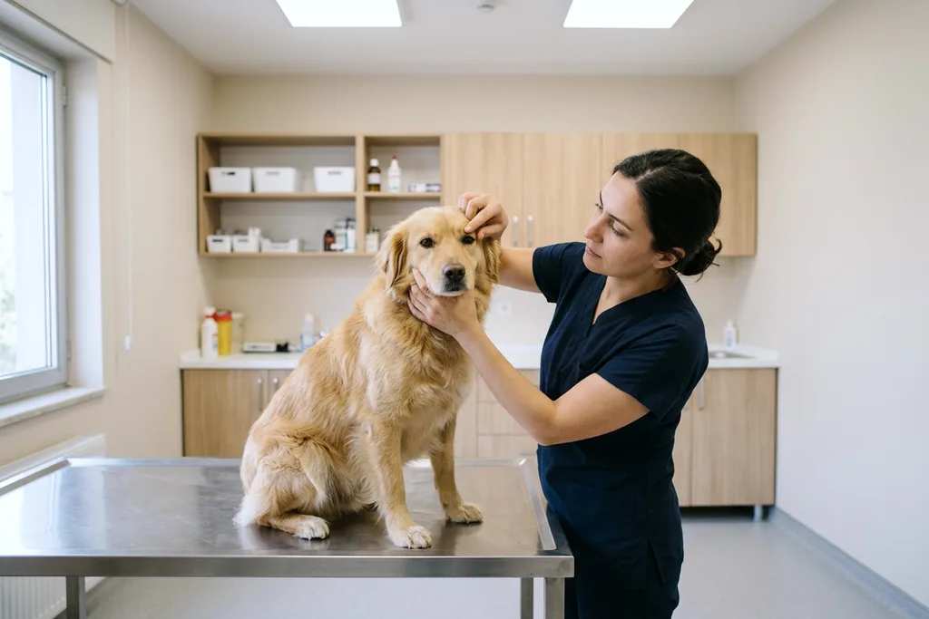 Muayene masasında hekimin elinde sakin duran yetişkin köpek