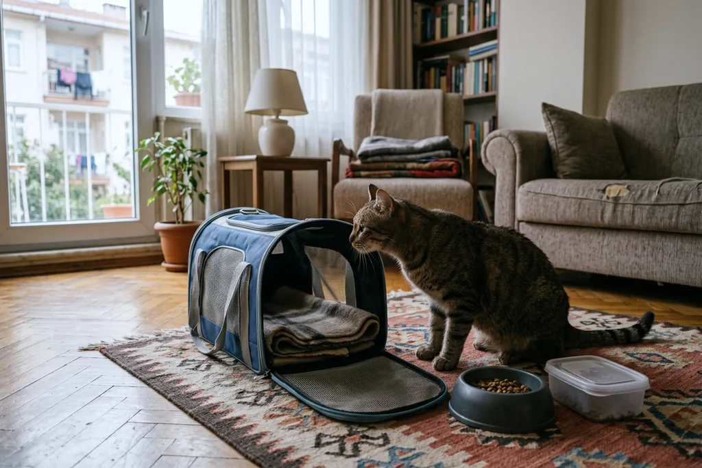 Konaklama için hazırlanmış taşıma çantasını koklayan kedi