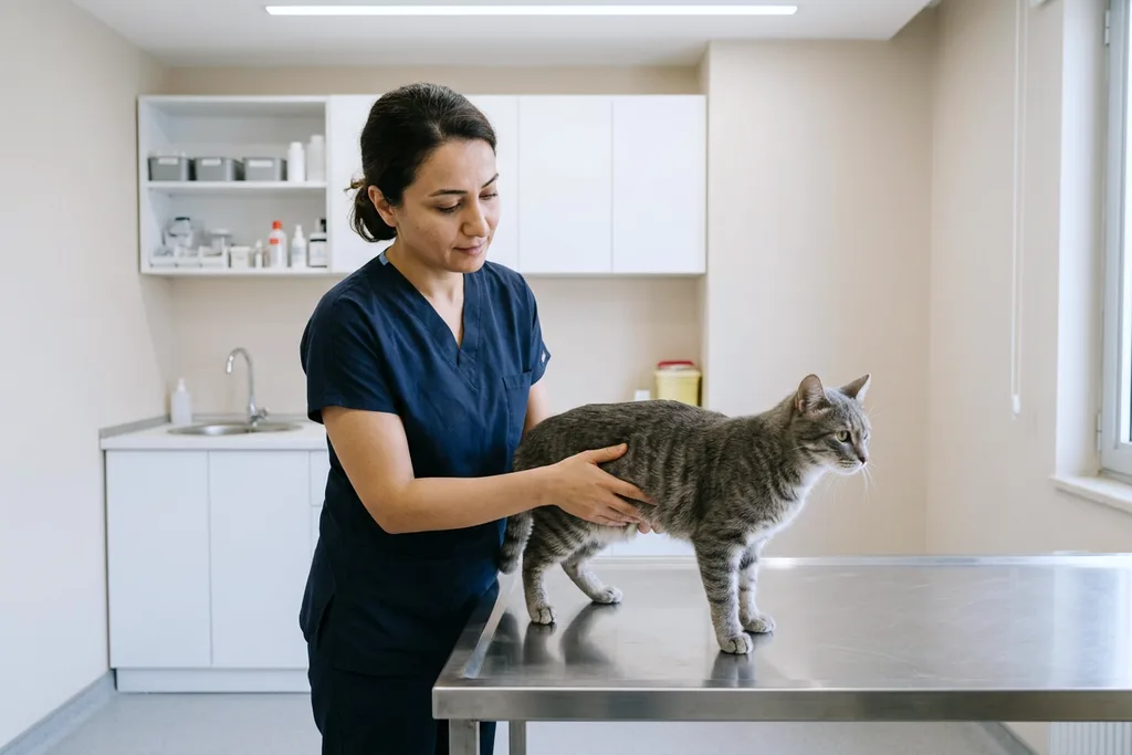 Dahiliye muayenesinde karnı nazikçe kontrol edilen kedi