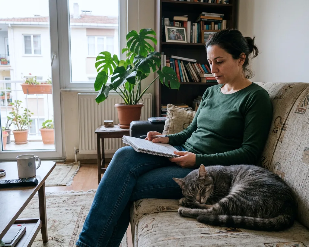 Koltukta not defteri okuyan kişinin yanında uyuyan kedi