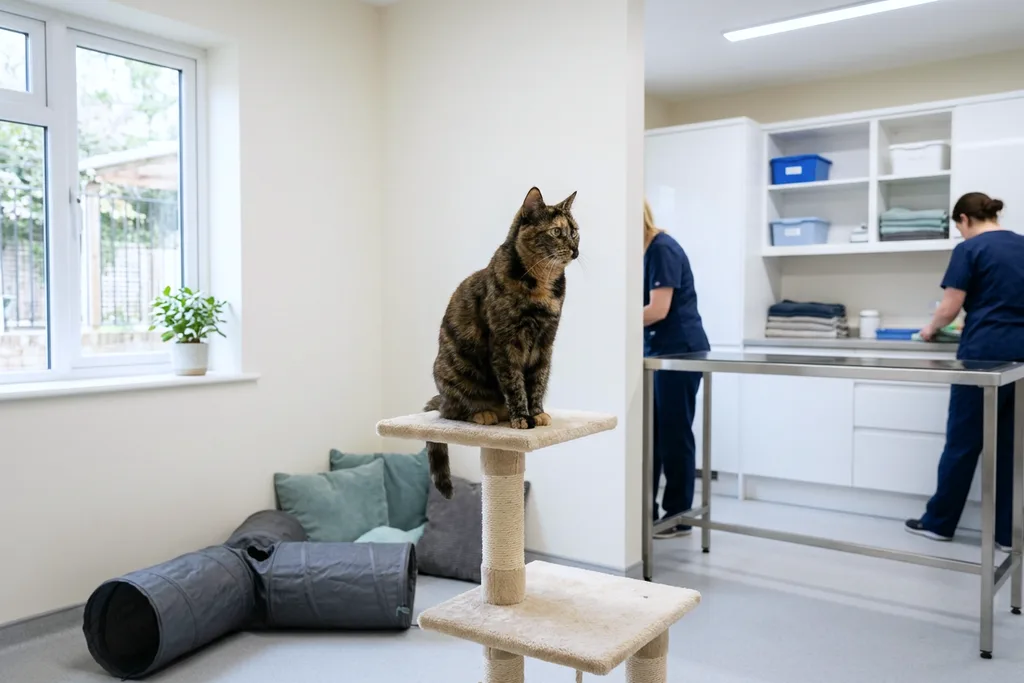 Kedi oteli oyun odasında tırmanma kulesinde oturan kedi