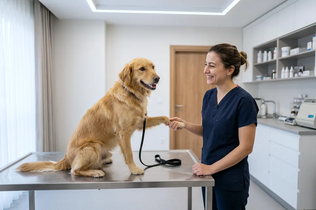 Muayene masasında hekime patisini uzatan köpek