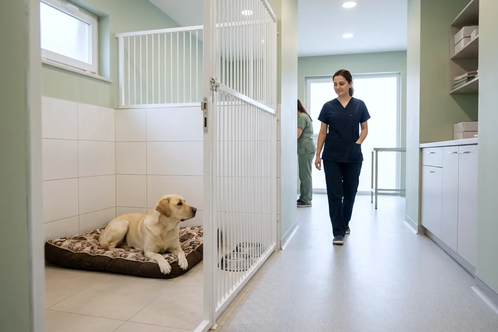 Bireysel köpek padoğunda minder üzerinde dinlenen labrador
