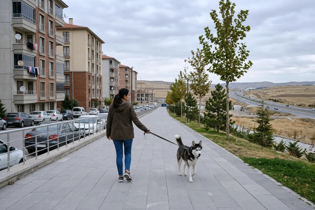 Bağlıca’da yeni yapılmış kaldırımda köpeğini gezdiren kadın, arkada açık araziler