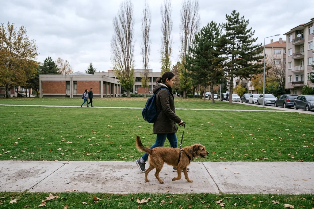 Beytepe’de kampüs çimenliği yanında köpeğiyle yürüyen genç