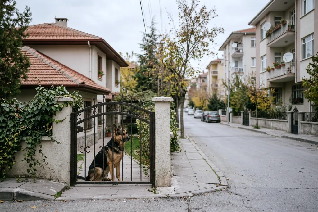 Mutlukent’te bahçe kapısında oturan köpek
